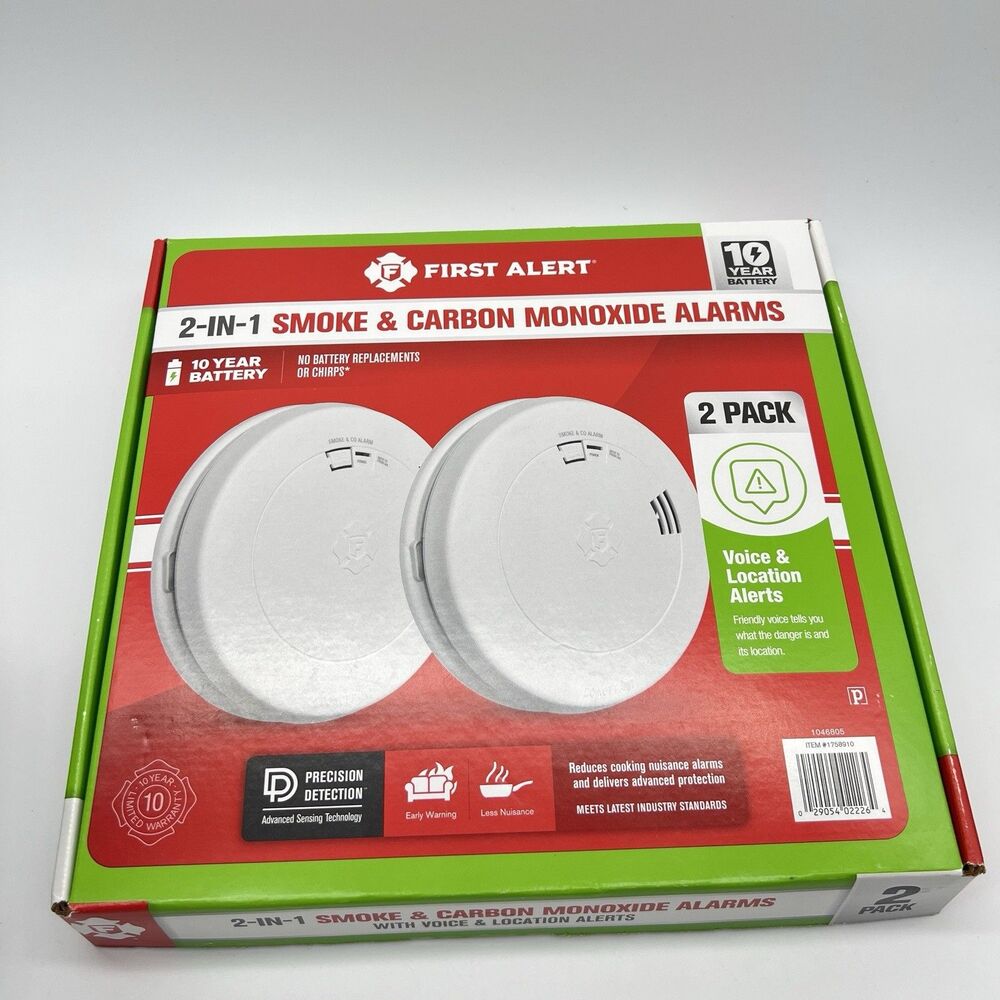 First Alert 2-in-1 Smoke & Carbon Monoxide Alarms 2 Pack 10 Year Battery
